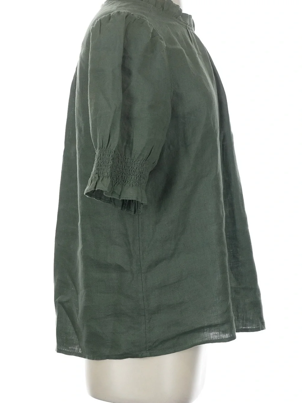 J. Crew Linen Olive Green Ruffle Neck Short Sleeve Blouse